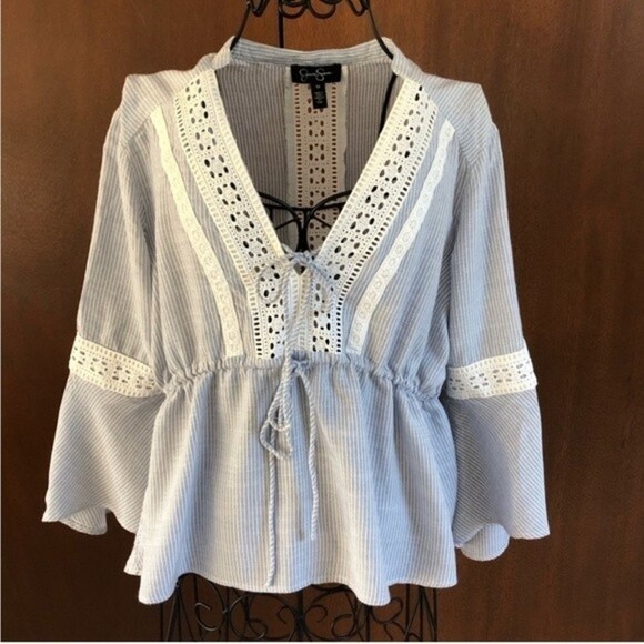 Jessica Simpson Wren Blue and White Striped Peasant Blouse - Picture 3 of 7